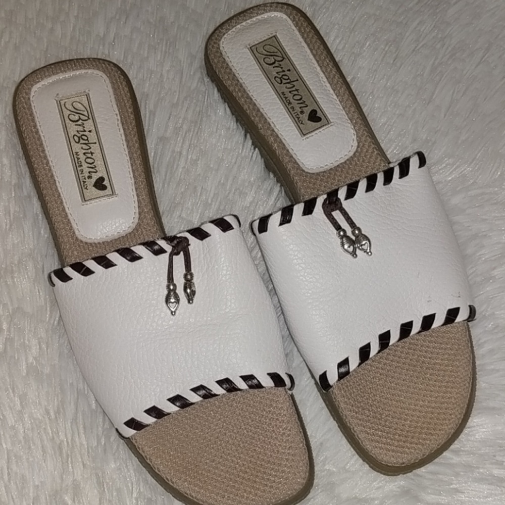 Brighton White and Brown Slide Sandals